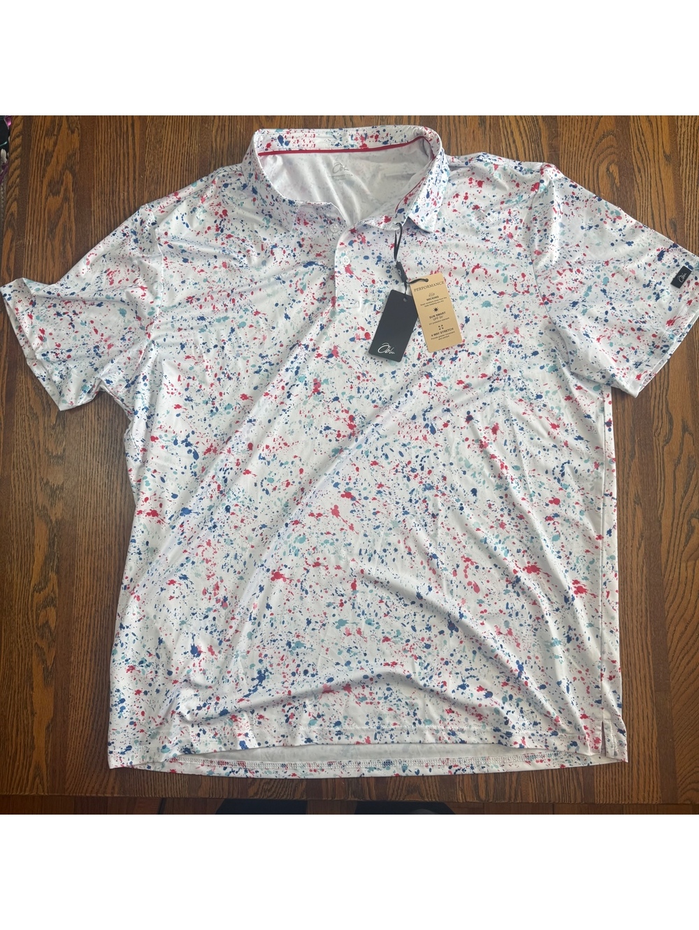 NWT Obla Golf Polo Shirt Mens 2XL White Paint Splatter Performance Stretch